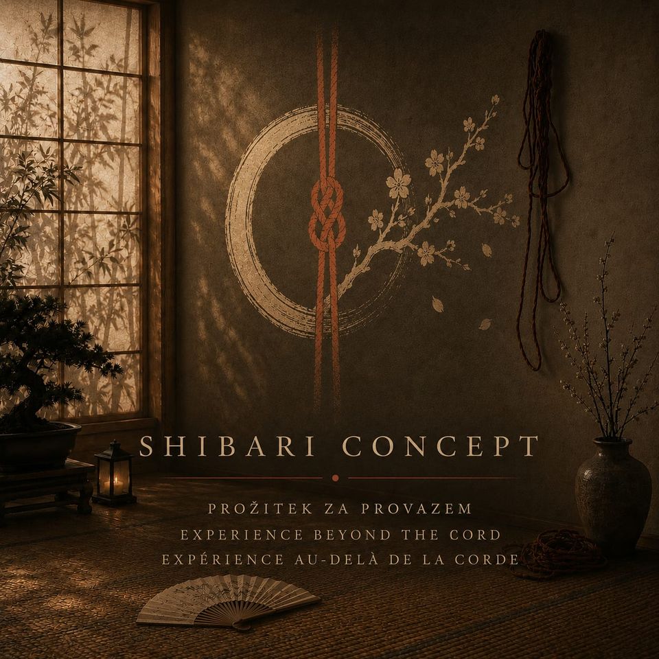 Shibari Concept — ztišená japonská místnost s červeným provazovým uzlem v kruhu, větví rozkvetlé sakury, vějířem a svinutými provazy