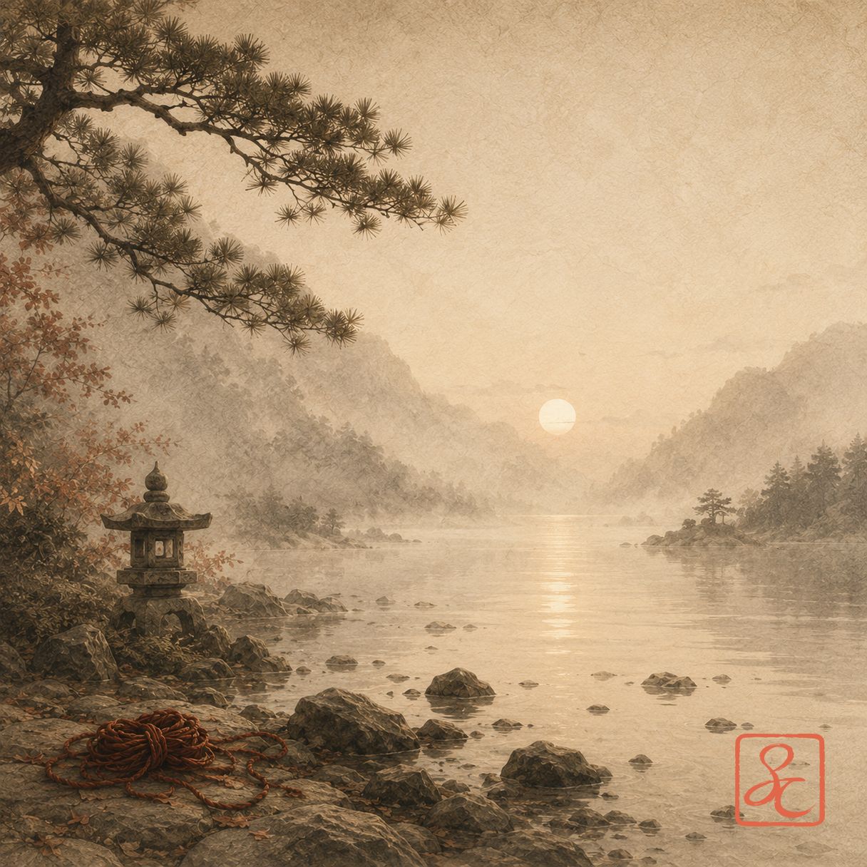 Sépiová japonská krajina — mlžné jezero se zapadajícím sluncem, kamenná lucerna a svinutý červený provaz na kameni.