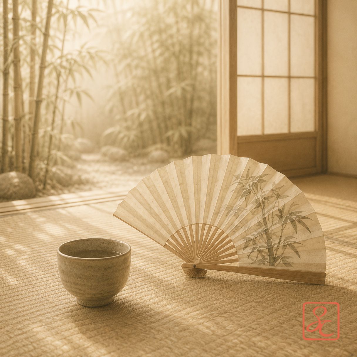 Japanese room with a fan and tea cup.